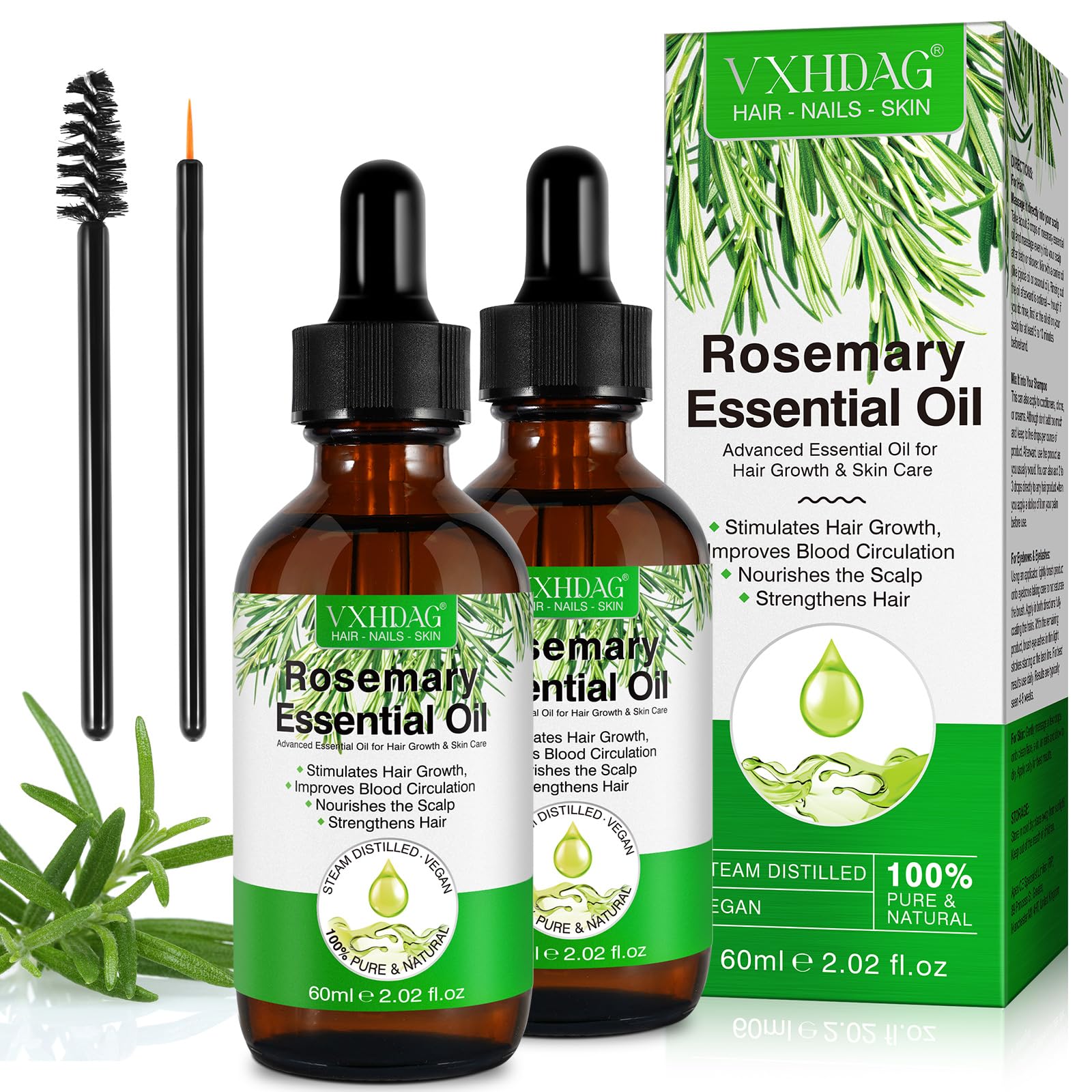 Rosemary Oil for Hair Growth - 100% Pure Natural Organic Rosemary Essential Oil for Eyebrow Eyelash, Nourishes The Scalp, Stimulates Hair Growth for All Hair Types (2 Pack 2x60ML)