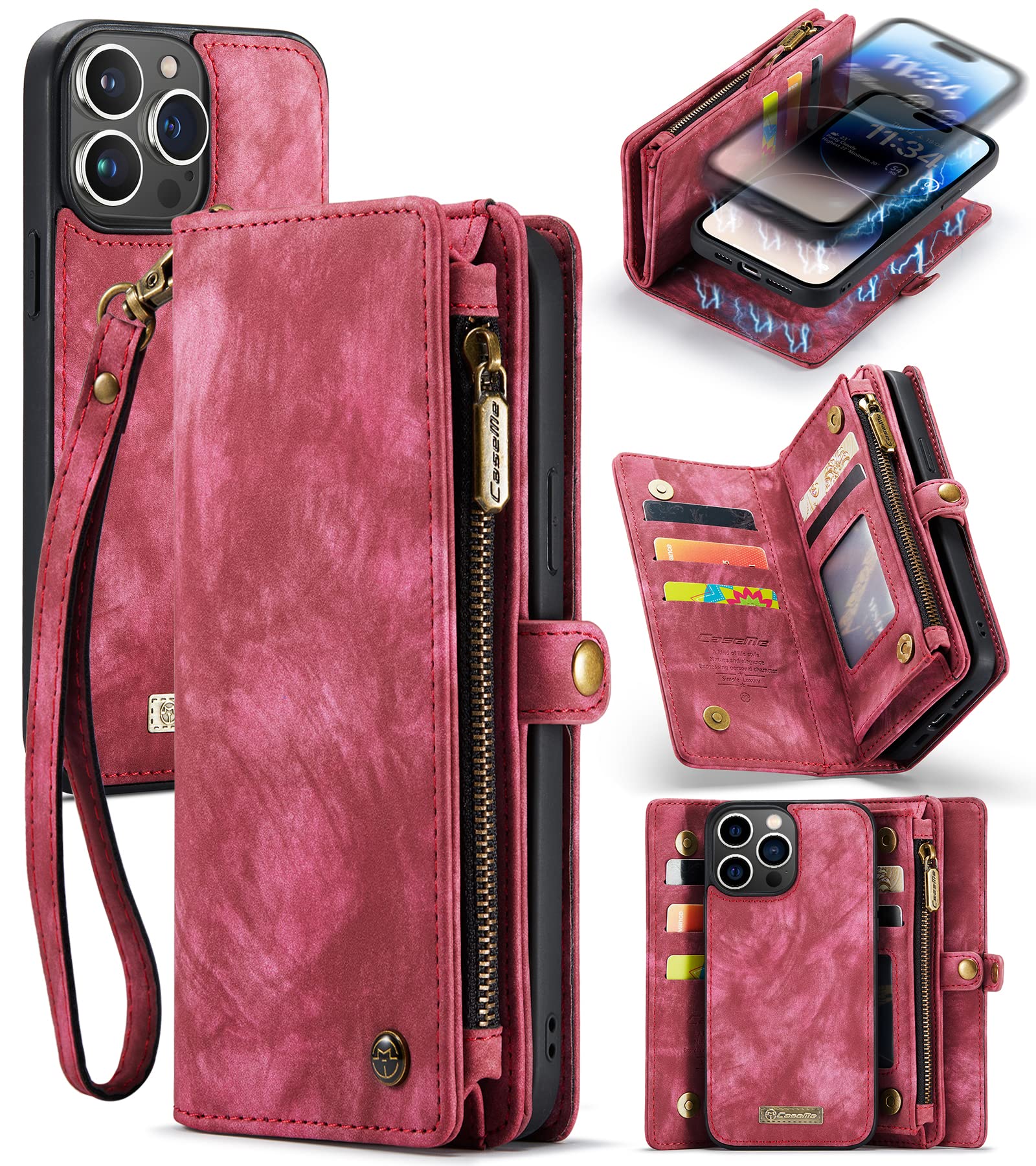 RUEBCOAK for iPhone 14 Pro Max Wallet Case,Multi-Function Flip Retro Handmade Leather Zipper Wrist Strap Case with Card Slots and Detachable Magnetic Back Cover for iPhone 14 Pro Max 6.7 inch (Red)