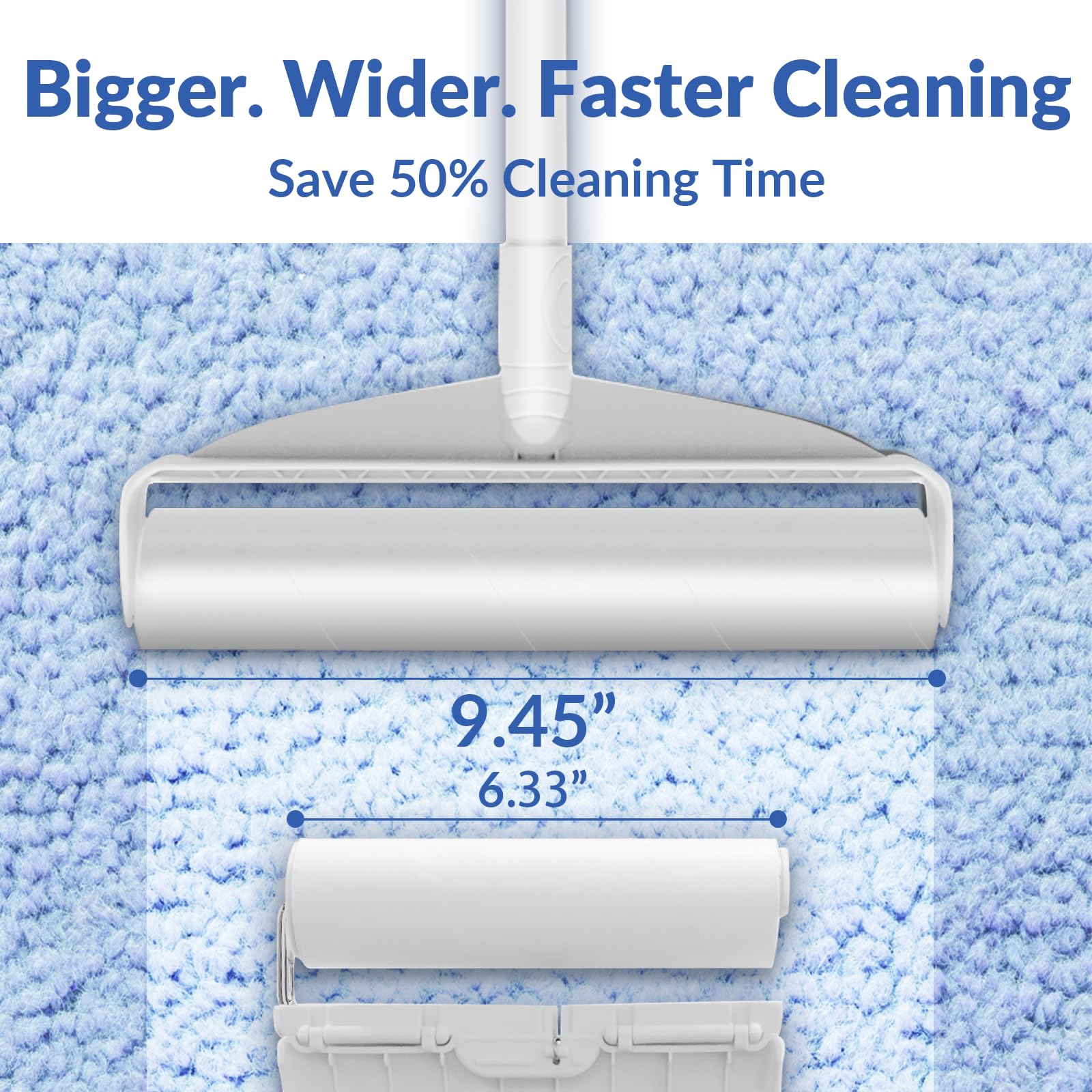 Large Lint Rollers for Carpet, Sticky Rollers for Floor DELOMO 9.45 in with 3 Extendable Handle, Long Handle Sticky Mop for Cleaning Carpets, Cars, Clothing, and Pet Hair