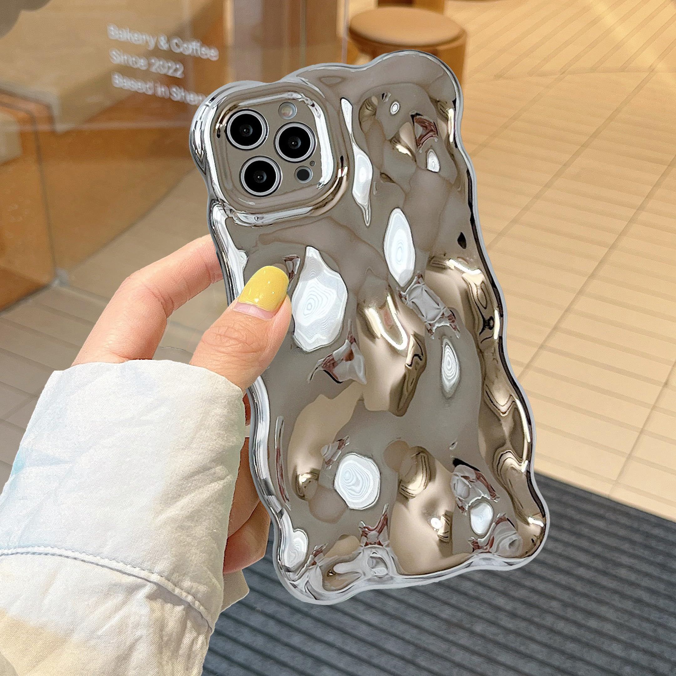 XIZYO for iPhone 14 Pro Max Case 6.7 Inch Cute Wave Pattern Aesthetic Phone Case 3D Curly Wavy Shape Plating Glitter Bling for Women Girls Soft Bumper Silicone Shockproof Case, Sliver