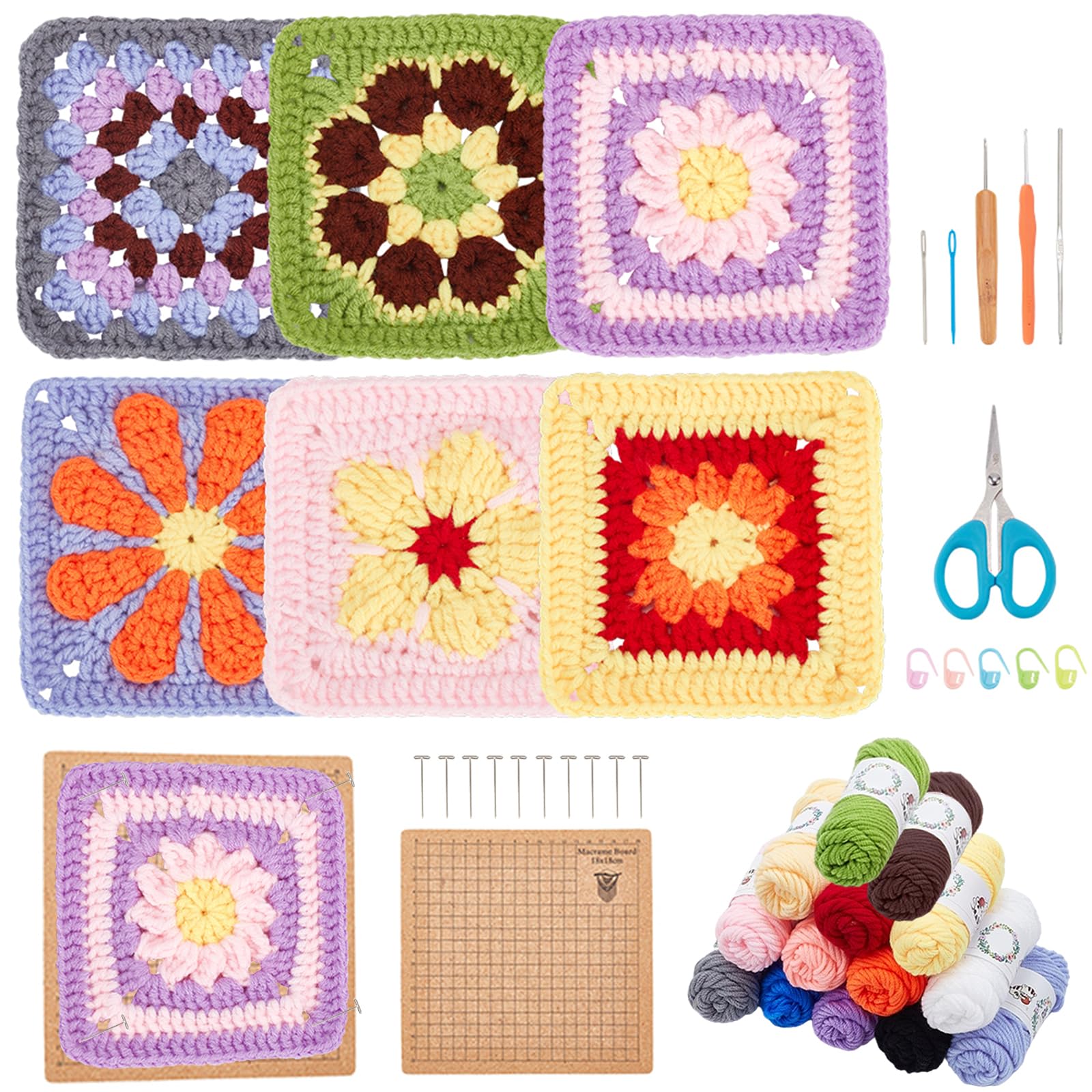 ORIGACH 6 in 1 Crochet Daisy Granny Square kit for Beginners Adult, Handmade Granny Square Starter Crochet kit Complete Crochet Set with Wooden Crochet Blocking Mat Step-by-Step Video Tutorials