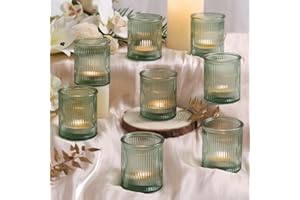 NITIME 8Pcs Ribbed Green Votive Candle Holders, Tea Light Candle Holder Glass, Green Candle Holders for Table Centerpiece, Wedding, Bridal Shower and Tea Party Decorations