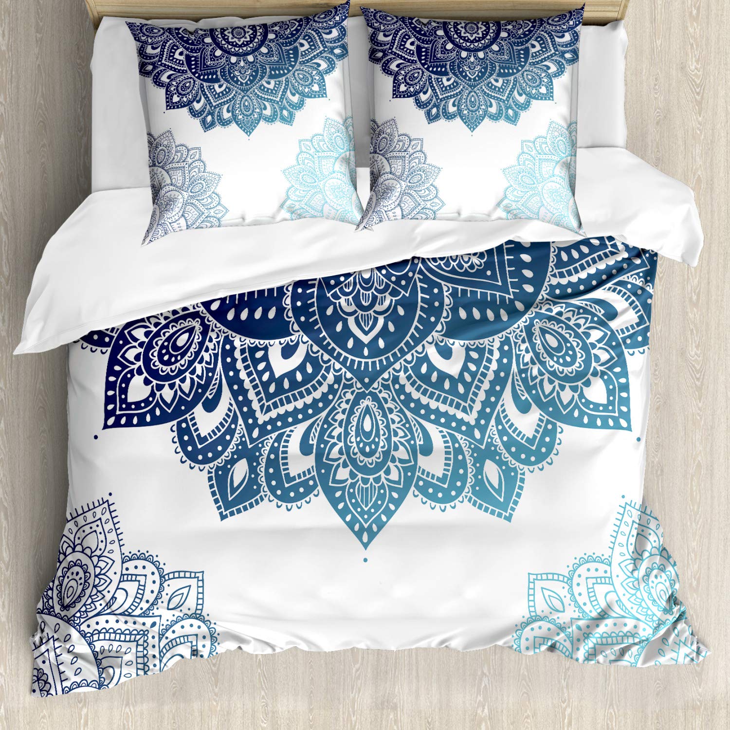 ABAKUHAUS Flora Duvet Cover Set, South Mandala Design Vibrant Color Ornamental Illustration, Bedding Set 3 Pieces with 2 Pillow Shams, 155 cm x 220 cm, Pale Blue Dark Blue