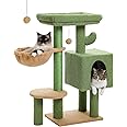 Cactus Cat Tree 35.4"- Medium Cat Tower w/Sisal Scratching Post, Cat Condo for Indoor Cats, Large Padded Top Perch, Comfy Hammock, and 2 Dangling Balls for Small-Medium Cats, Green