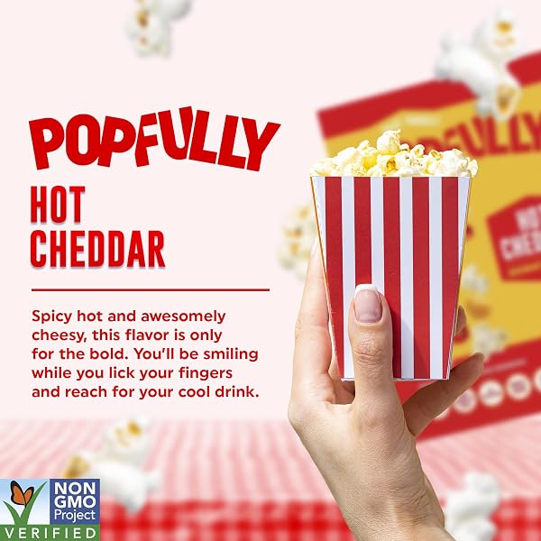 POPFULLY HOT CHEDDAR POPCORN FULLY POPS, SHARING BAGS, BOLD CHEESE TASTE, BIG POP, MICRO POPCORN BAGS, 3-PACK