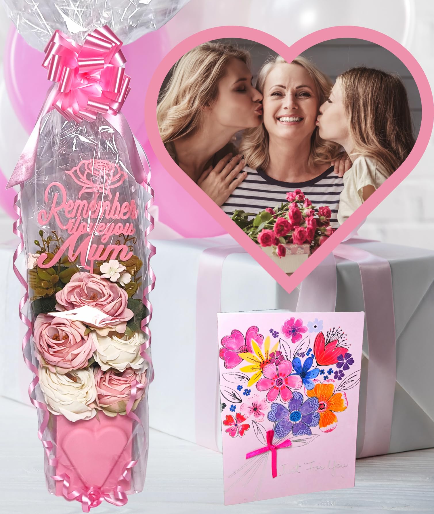 Flourish Gifts for Mum Silk Flowers, Vintage Roses in Pink and Cream, Gift Wrapped and Ready to Gift with Ribbon and Pull Bow. Just for you Card Included.