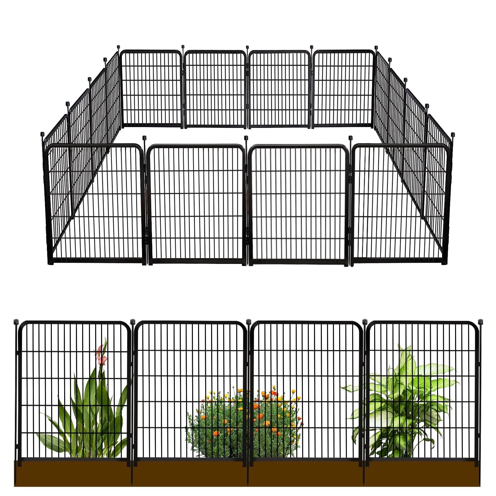 Getlay Doorless 56in(H) Black Metal Garden Fences and Borders, 10 Panels Total 22.1 Ft(L), Garden Fence for Dogs, Animal Barrier Fence, Fencing for Flower Beds, Dog Digging Fence Barrier Image