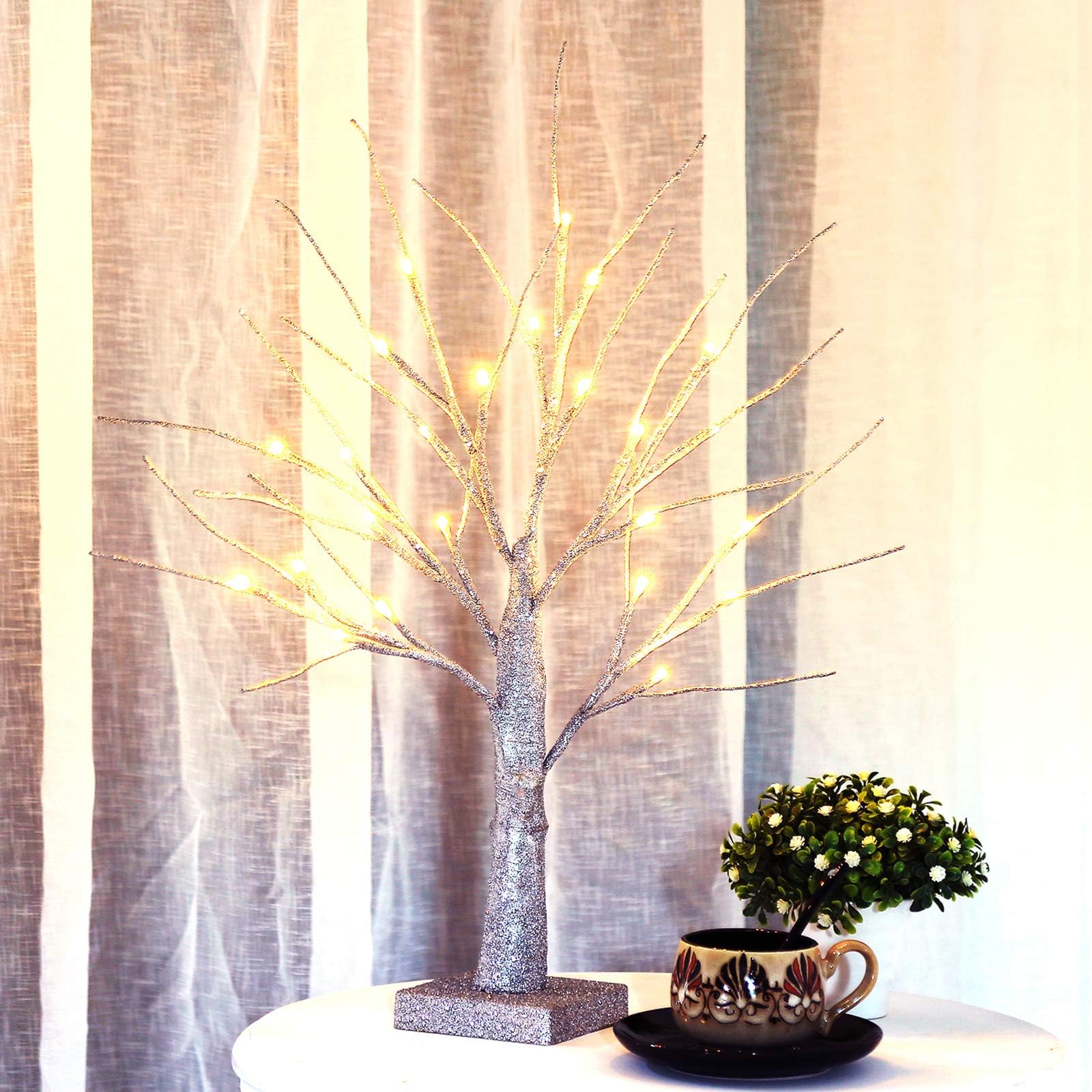 Bolylight LED Bling Bling Birch Night Light Table Tree Lamp Jewelry Holder Centerpiece 17.71 inch 24L Great Decoration for Home/Christmas/Party/Festival/Wedding, Warm White, Silver