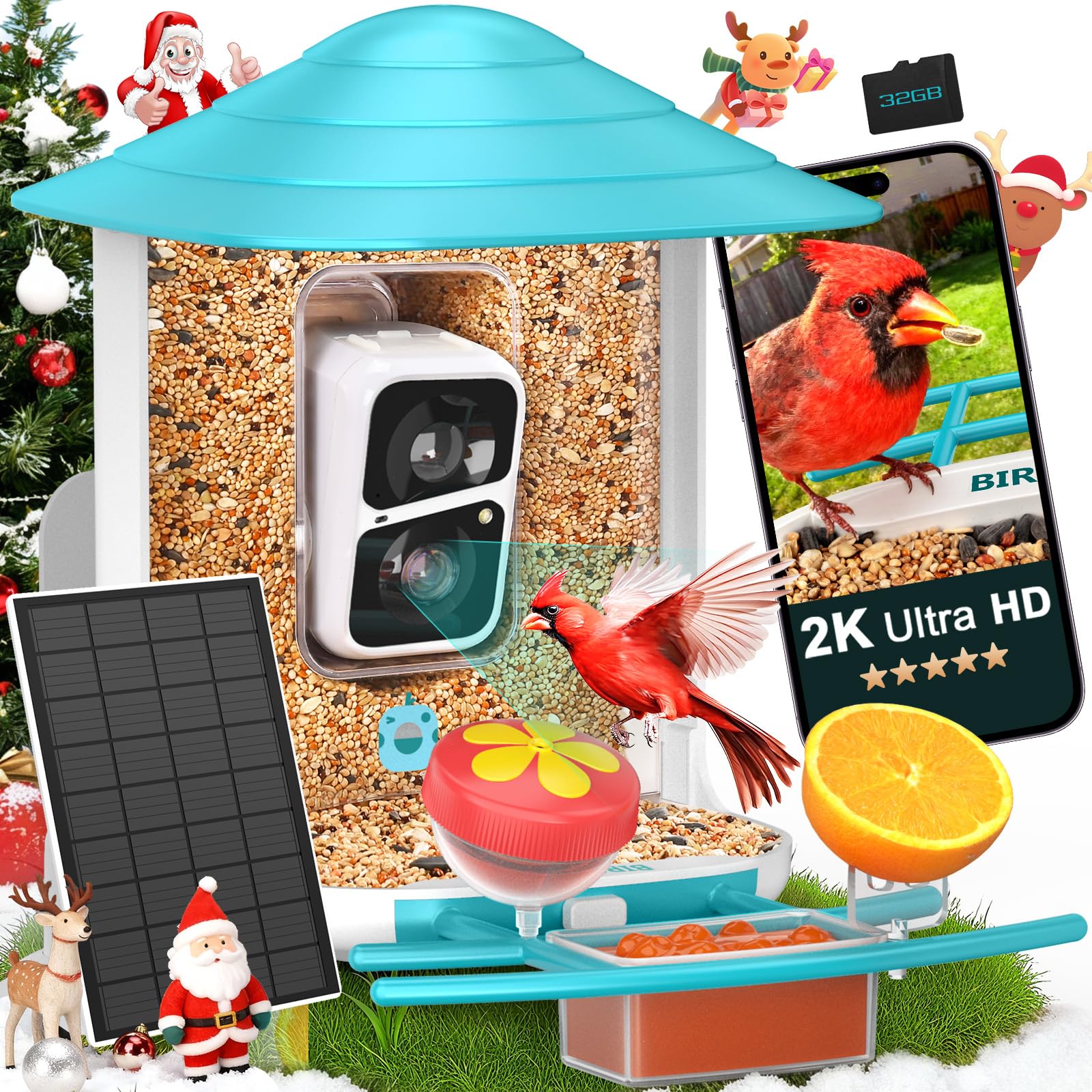 birdsnap® TUC Bird Feeder with Camera 2K HD, Solar Panel 32GB Card 4-in-1 Perch, 160°View Auto Detect & Notify AI Identify Video Bird Camera Wireless Outdoors Ideal Gift for Birds Lover Image