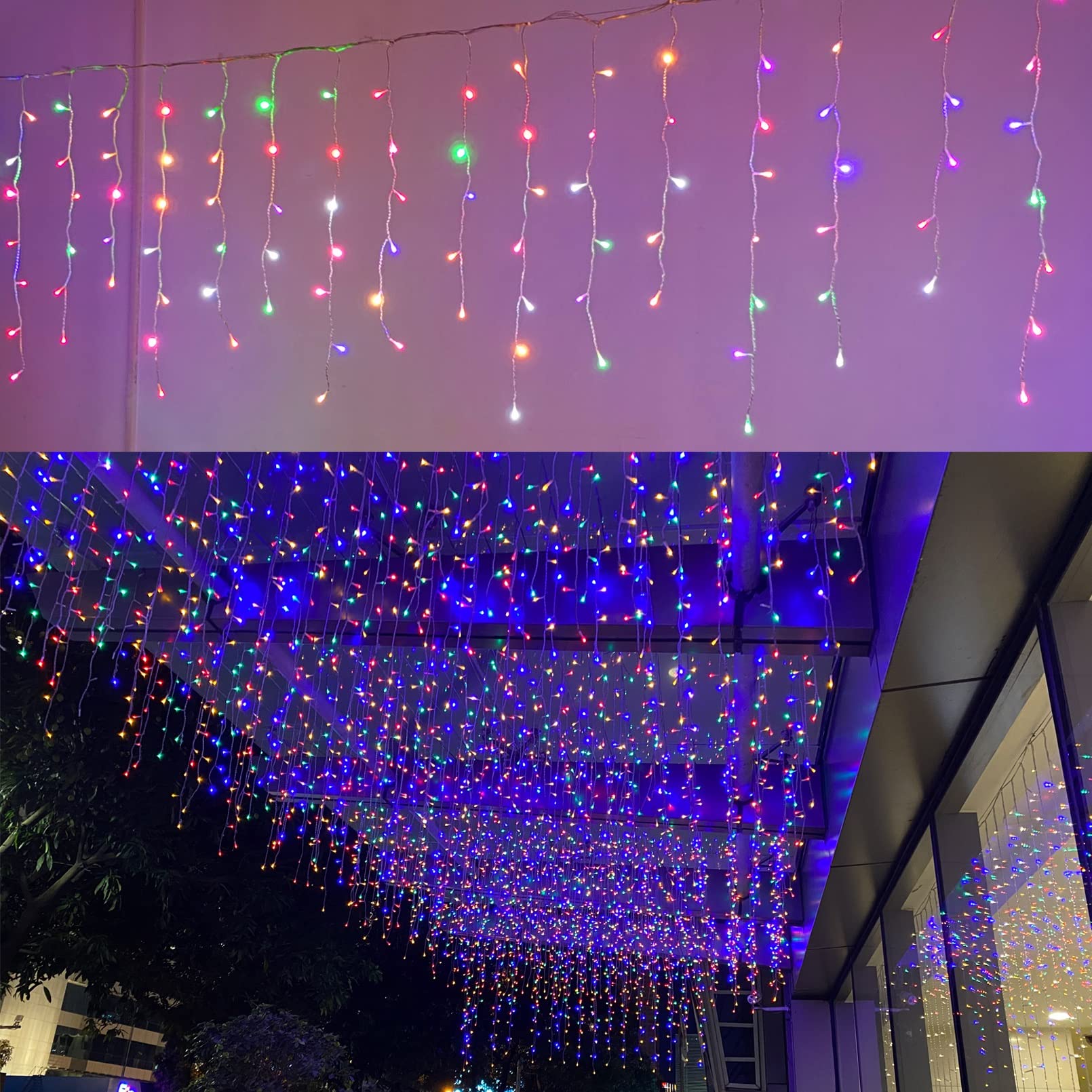 Photo 1 of ZIMINGU Icicle Diwali Lights Outdoor, Christmas Hanging Window Curtains Dangling 13FT 96LEDs 8 Modes Weeping Willow Ceiling Fairy String Lights for Indoor Decorations, Multicolor 4M