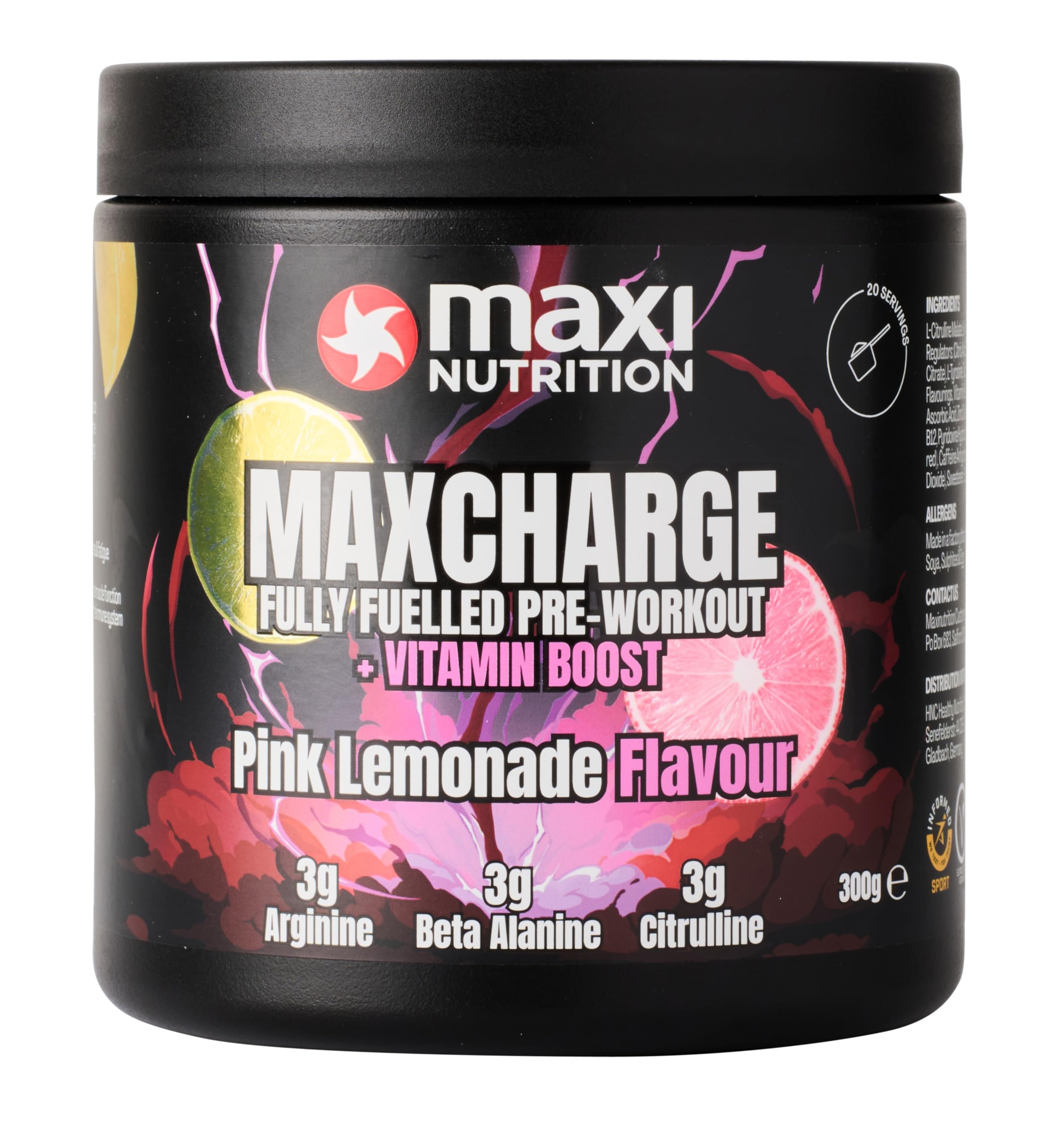 MaxiNutrition Max Charge Vitamin Boosted Pre-Workout, Perfectly Balanced Formulation for Boosting Energy & Physical Performance, Sugar-Free, Pink Lemonade Flavour, 300g