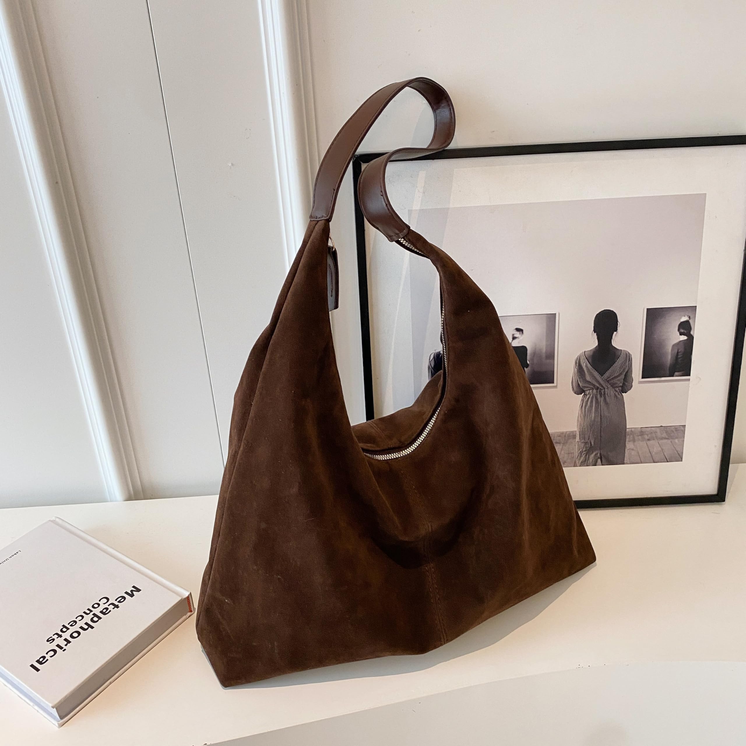 HiTotes Suede Tote and Hobo Bags for Women - Large Slouch and Crescent Shoulder Bags - Work Tote Handbag