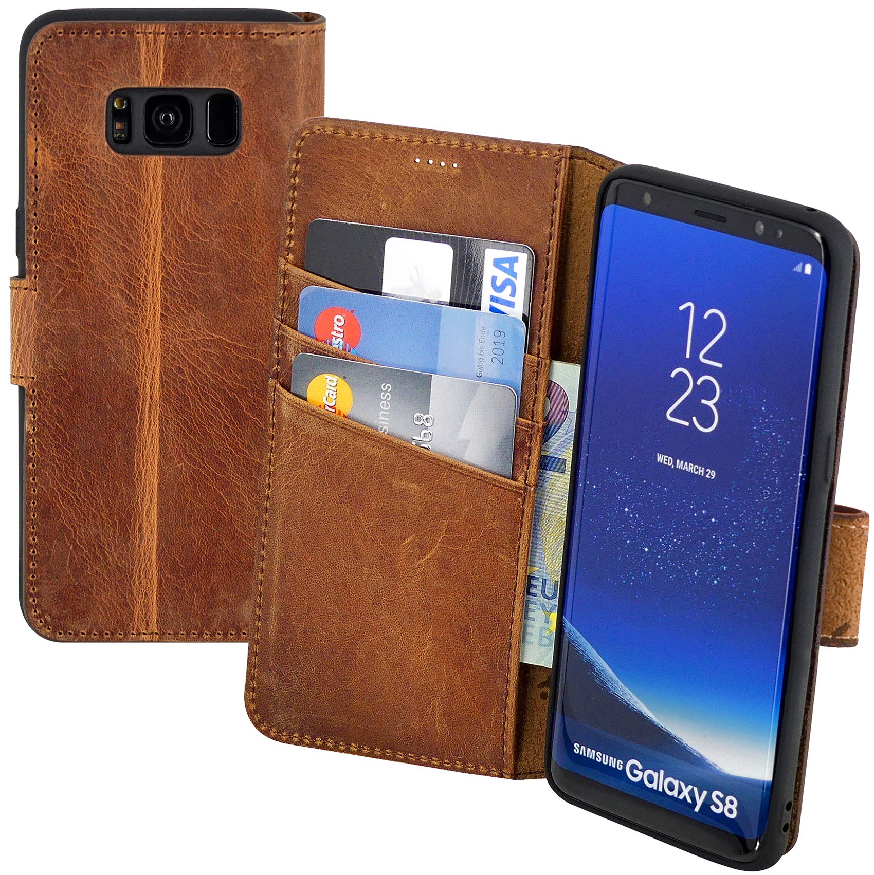 Suncase Book-style case compatible with Samsung Galaxy S8 leather case (slim fit) leather mobile phone case protective case with 3 card slots in antique coffee.