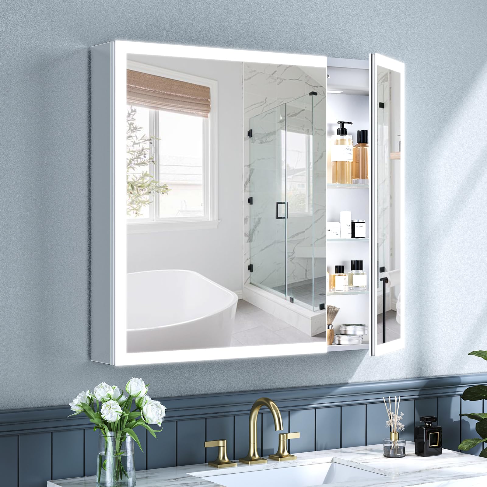 Photo 1 of TIFULLHOME 36x32 Inch Lighted Medicine Cabinet with Mirror, AL Alloy, Plug-in or Hardwired, Recessed or Wall Mount, Mirror Doors/3 Colors/Dimmable/Interior Sensor Light/Defog, 2 Outlets&USBs,3 Shelves