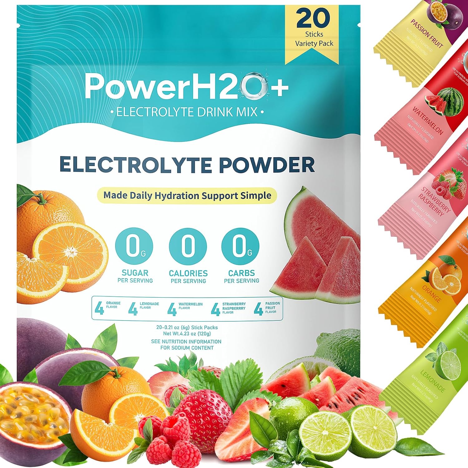 PowerH2O+ 20 Sticks Sugar Free Electrolytes Powder Packets-5 Flavors Liquid Daily IV Hydration Packets,Electrolyte Drink Mix Travel Electrolyte Packet for Rapid Hydration,0 Calorie,0 Sugar