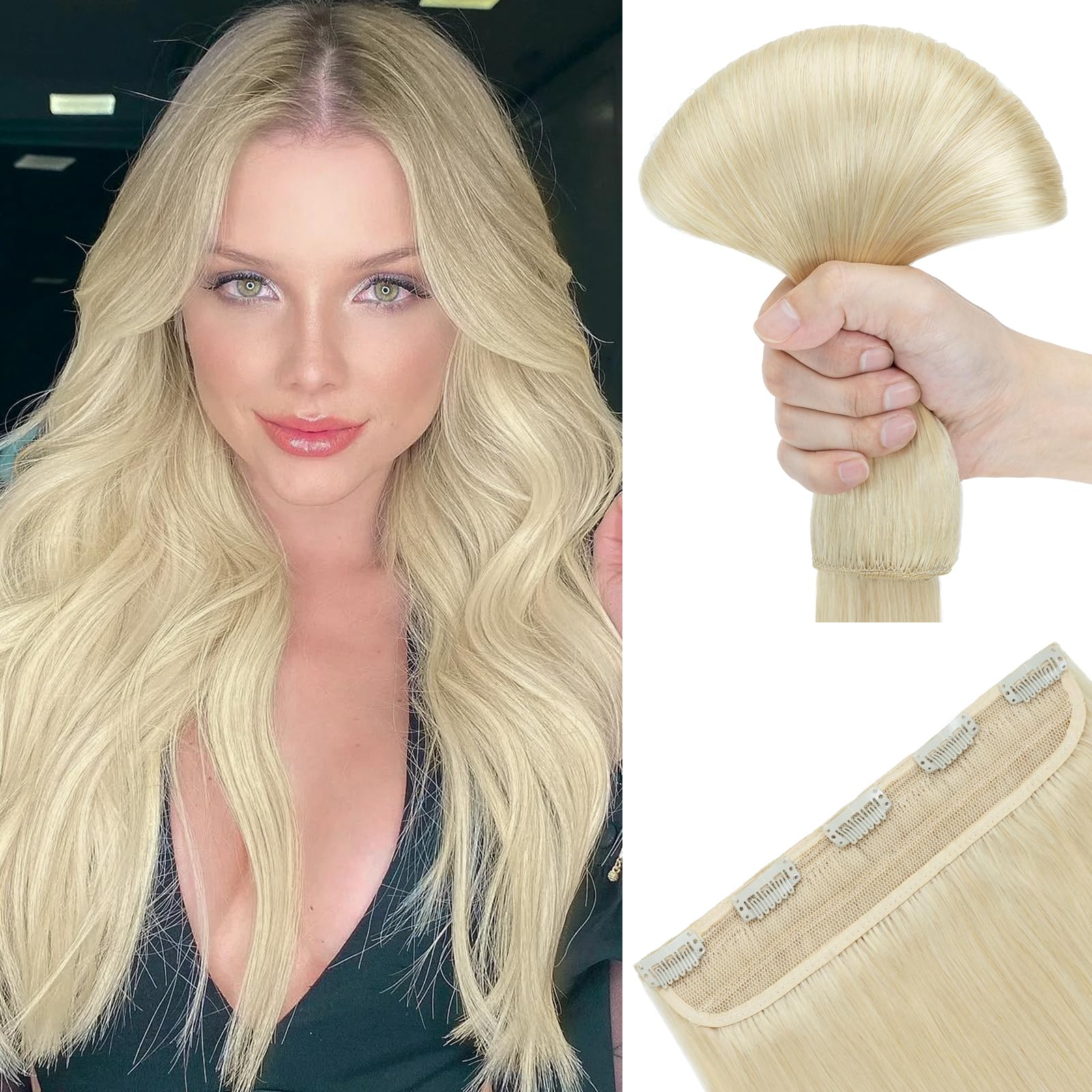 SEGOHAIR Hair Extensions Clip in Human Hair Extensions, 18" One Piece 5 Clips Thick Clip in Hair Extension - 3/4 Full Head -Platinum Blonde — image 1