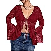 WDIRARA Women's Plus Size Sexy Sheer Mesh Tops Deep V Neck Bell Long Sleeve Tee Shirts