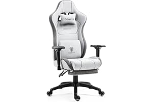 Dowinx Gaming Chair Linen Fabric with Pocket Spring Cushion, Ergonomic Computer Chair with Massage Lumbar Support and Footrest, Comfortable Reclining Game Office Chair 300lbs for Adult and Teen, Grey
