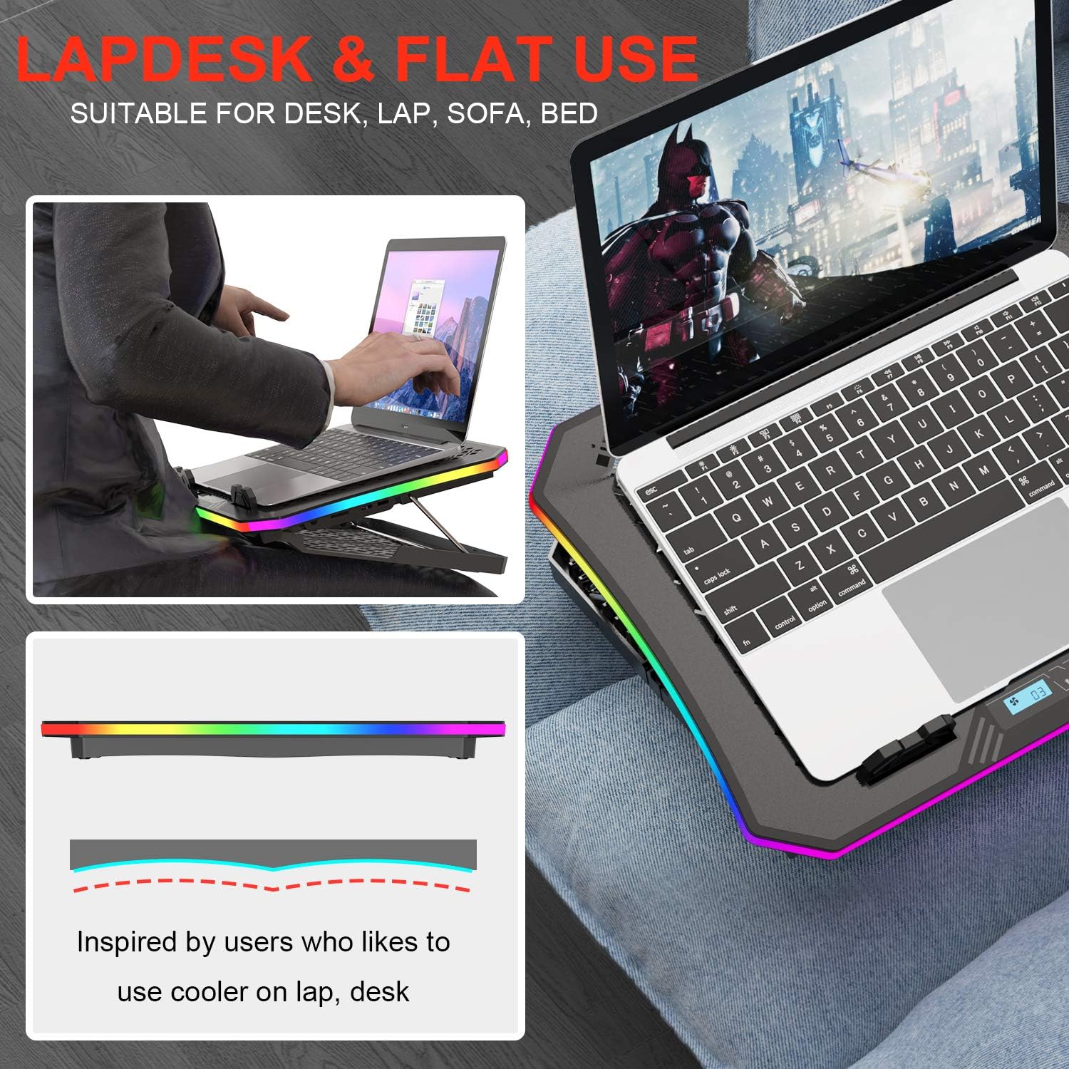 Vencci 2021 Upgrade Laptop Cooler Pad RGB Lights with 6 Cooling Fans for 15.6-17.3 Inch Laptops, 7 Height Stands, 10 Modes, 2 USB Ports in Right Side, Desk or Lap Use: Computers & Accessories