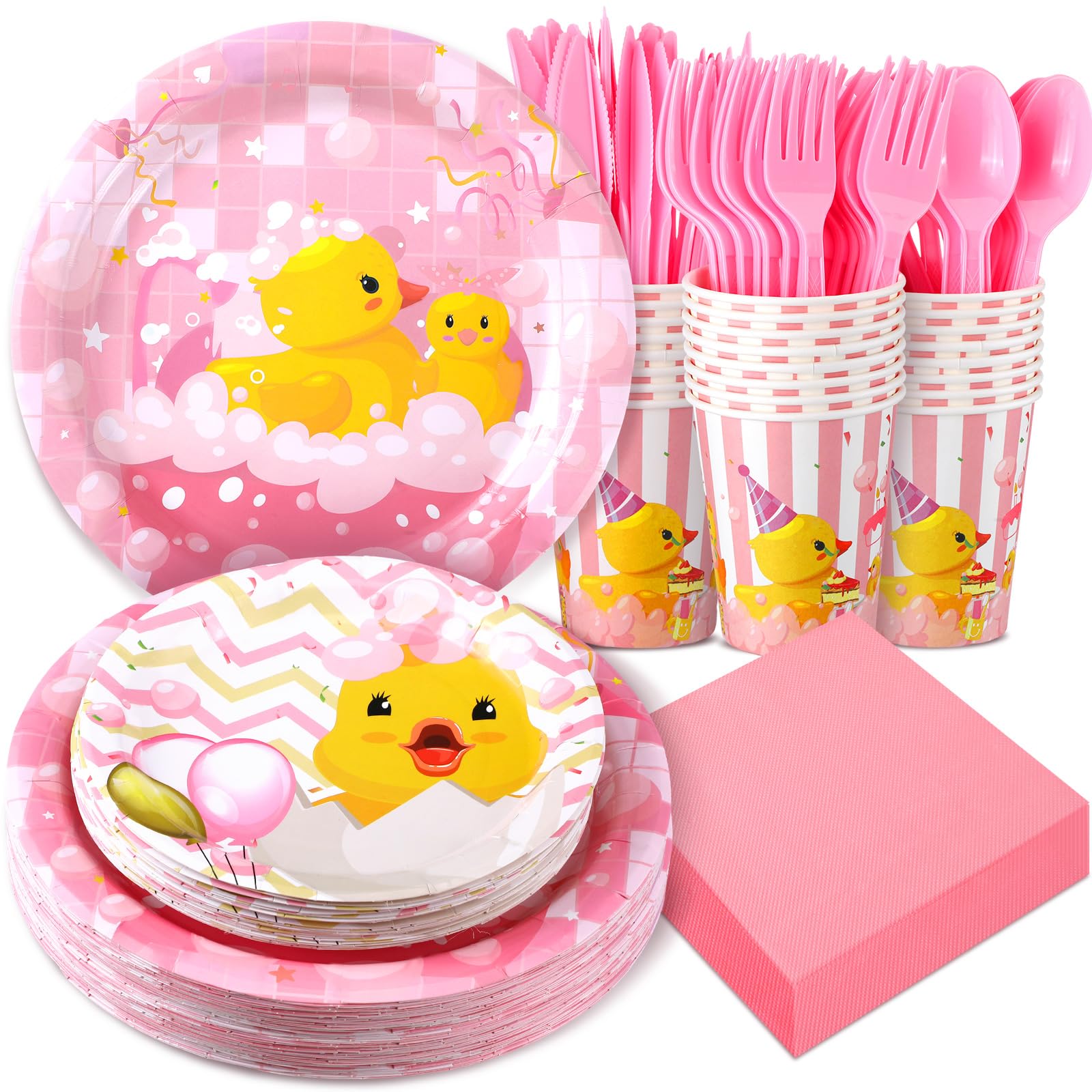 Photo 1 of 194 Pcs Duck Birthday Party Supplies Pink Rubber Duck Tableware Set Include Pink Plates Napkins Cups Knives Forks Spoons for Kids Girl Boy Baby Shower Tableware Set Serves 24
