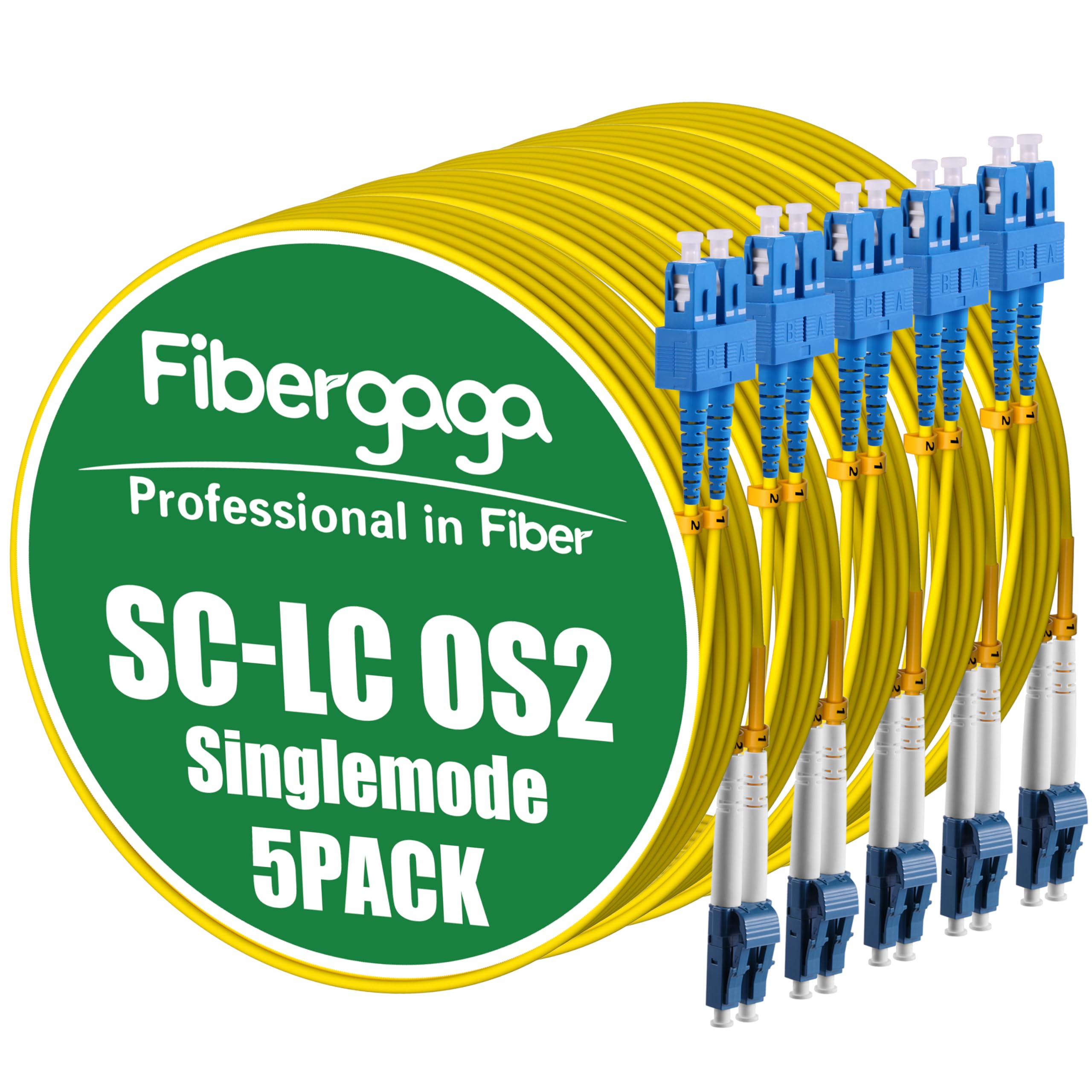 Fibergaga-5Pack OS2 LC to SC Fiber Patch Cable, SMF