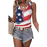 Glorimex American Flag Ribbed Tank Women 4th of July Shirt Patriotic V Neck Button Basic Henley Shirt Sleeveless Tank Top