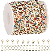 Kyutong 3M/9.8Ft Colorful Enamal Chain Bulk Gold Plated Chains for Jewelry Making Twist Cuban Jewelry Chain Roll with Lobster Clasps and Jump Rings for Women Men DIY Crafts