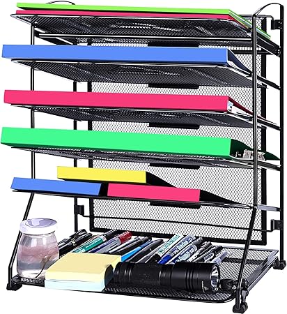 Amazon Rabbitstorm 5段 多機能 卓上収納ラック ファイルラック 書類ホルダー 書類トレー メッシュメタル 組み立て式 新聞 雑誌 ファイル フォルダー 書類入れ レターケース 机上用品 整理整頓 オフィス 寝室 リビング収納 ブラック 広型 書類トレー レター