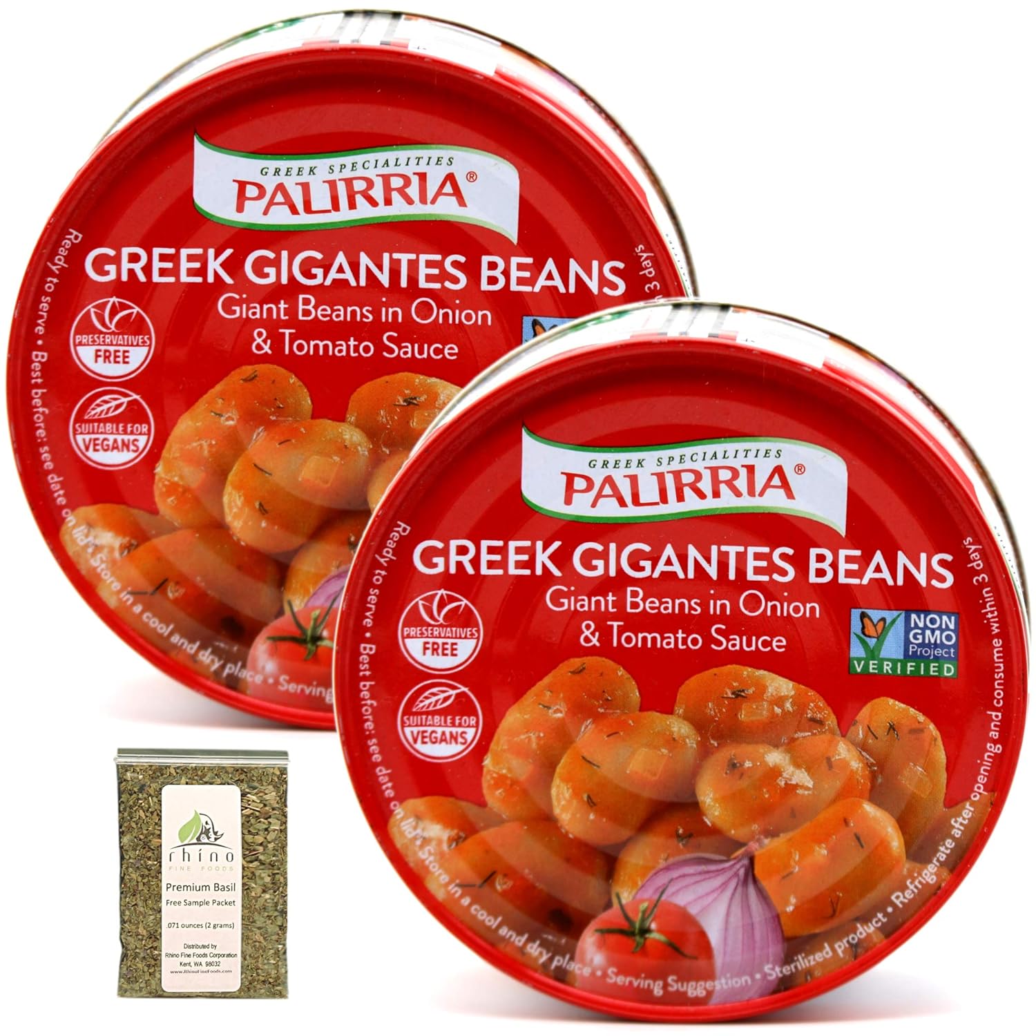 Palirria, Greek Gigantes Beans in Onion & Tomato Sauce (aka Massive Giant Greek Style Baked Beans), Non-GMO, 9.90 oz (Pack of 2) + Includes-Free Premium Basil Leaves from Rhino Fine Foods, .071 oz