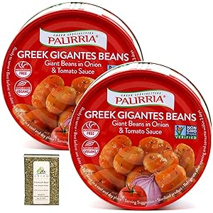 Palirria, Greek Gigantes Beans in Onion & Tomato Sauce (aka Massive Giant Greek Style Baked Beans), Non-GMO, 9.90 oz (Pack of 2) + Includes-Free Premium Basil Leaves from Rhino Fine Foods, .071 oz