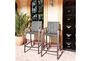 Pellebant Aluminum Outdoor Bar Stool Set of 2, Patio Counter Height Stools & Bar Chairs All-Weather for Backyard, Pool, Garden, Deck,Brown Frame, 27.5'' Seat Height,300 lb Capacity-Black and Grey