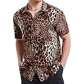 UPAAN Men's Leopard Printed Disco Shirts Short Sleeve Button Down Casual Shirt