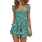 Farktop Womens Sexy Summer Romper Floral Square Neck Ruffle Strap Layer Hem Shorts Jumpsuits