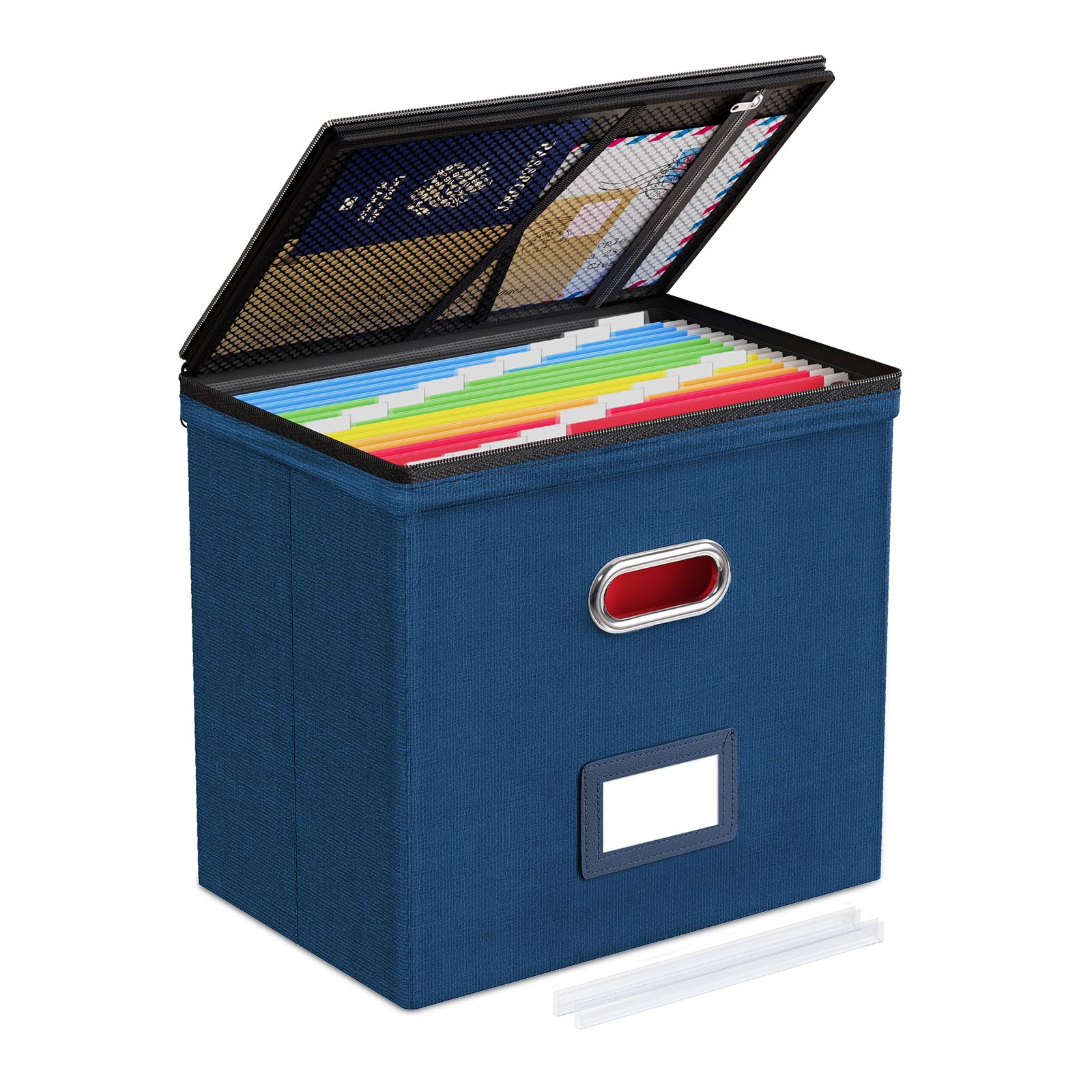 Photo 1 of Oterri File Organizer Boxes with Lids, File Box with Mesh Pockets, Document Organizer Box for Letter Size Folders, Zippers Important Document Organizer (Dark Blue, Small-1 Pack Without Folders)