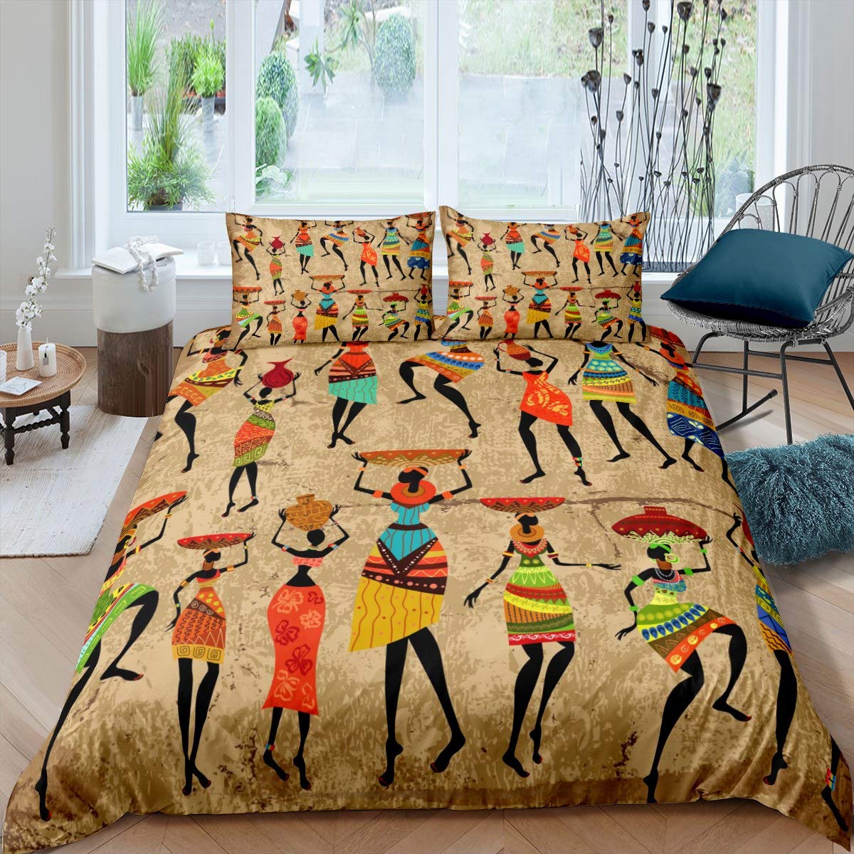 African Woman Print Bedding Set African Pattern Duvet Cover For Kids Teens Women Retro Ethnic Afro Decor Comforter Cover Traditional Exotic Boho Bedspread Cover Bedroom 2Pcs Single Size