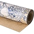 RUSPEPA Floral Wrapping Paper Roll, Mini Roll, Blue Roses with Delicate Foliage Kraft Paper, Vintage Flower Blooms Gift Wrap for Birthday, Wedding, Anniversary and Mother's Day, 17 Inches x 32.8 Feet