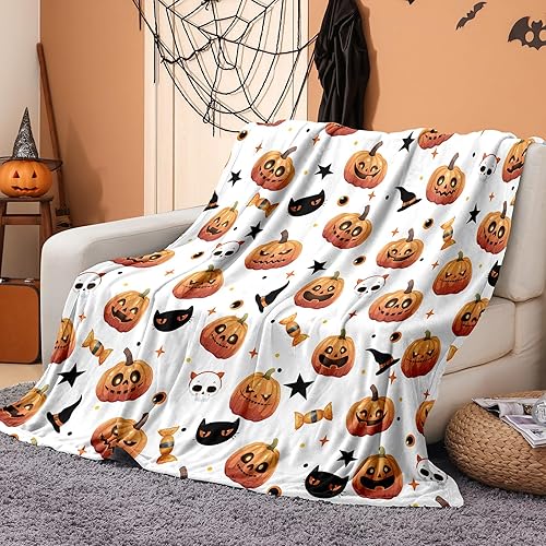 DJY Halloween Throw Blanket 130x150cm - Soft Plush Black Cat Skull Pumpkin Blanket - Cozy Flannel Fleece White Halloween Decoration for Party Sofa Bed Living Room