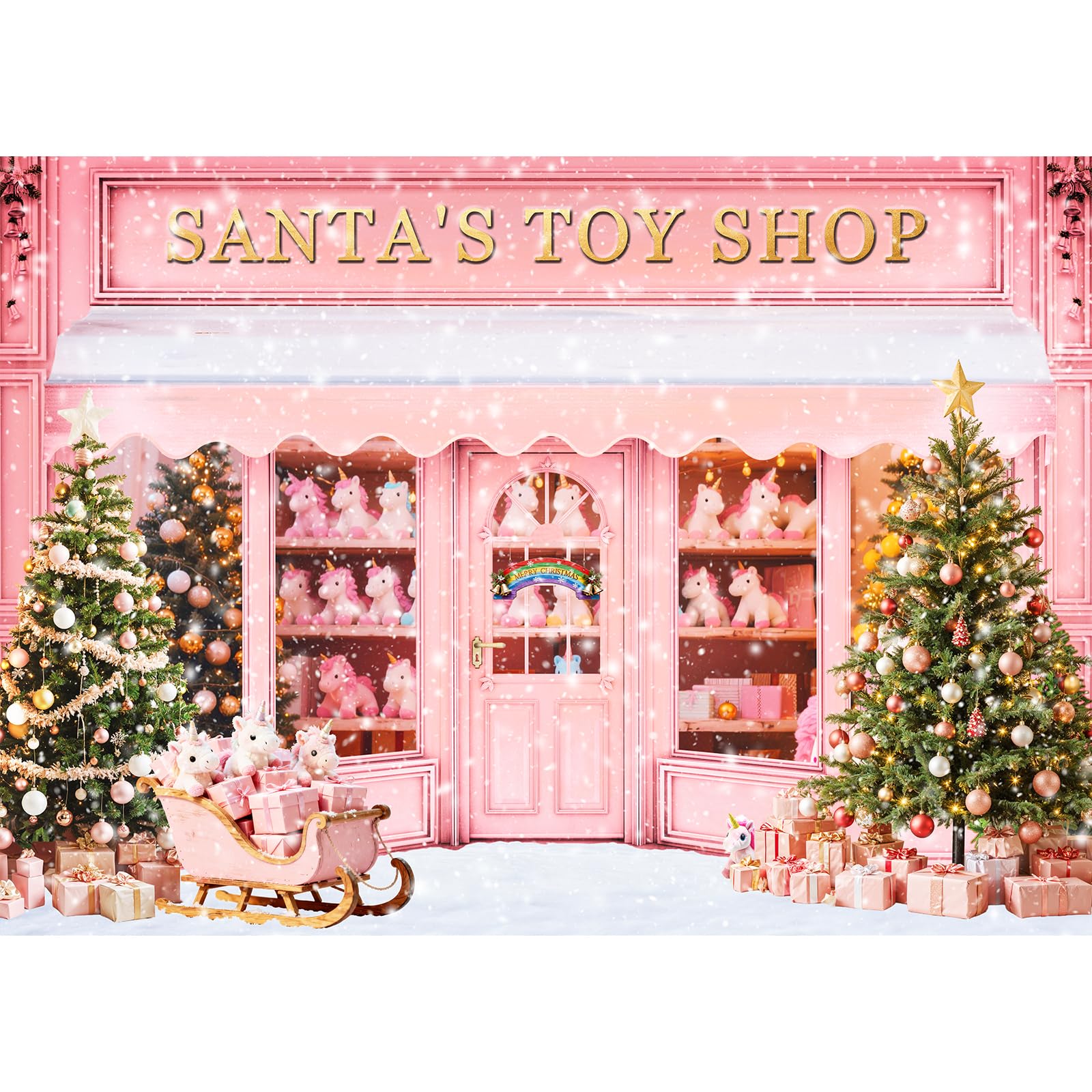 Photo 1 of 10x8ft Pink Christmas Backdrop for Photography Santa's Toy Shop Unicorn Themed in Snowy Scene Photo Backdrop Christmas Holiday Xmas Party Decorations Photo Background Booth Video Studio Props