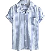 VATPAVE Mens Casual Striped Shirts Short Sleeve Button Down Summer Shirts Regular Fit Beach Shirts with Pocket