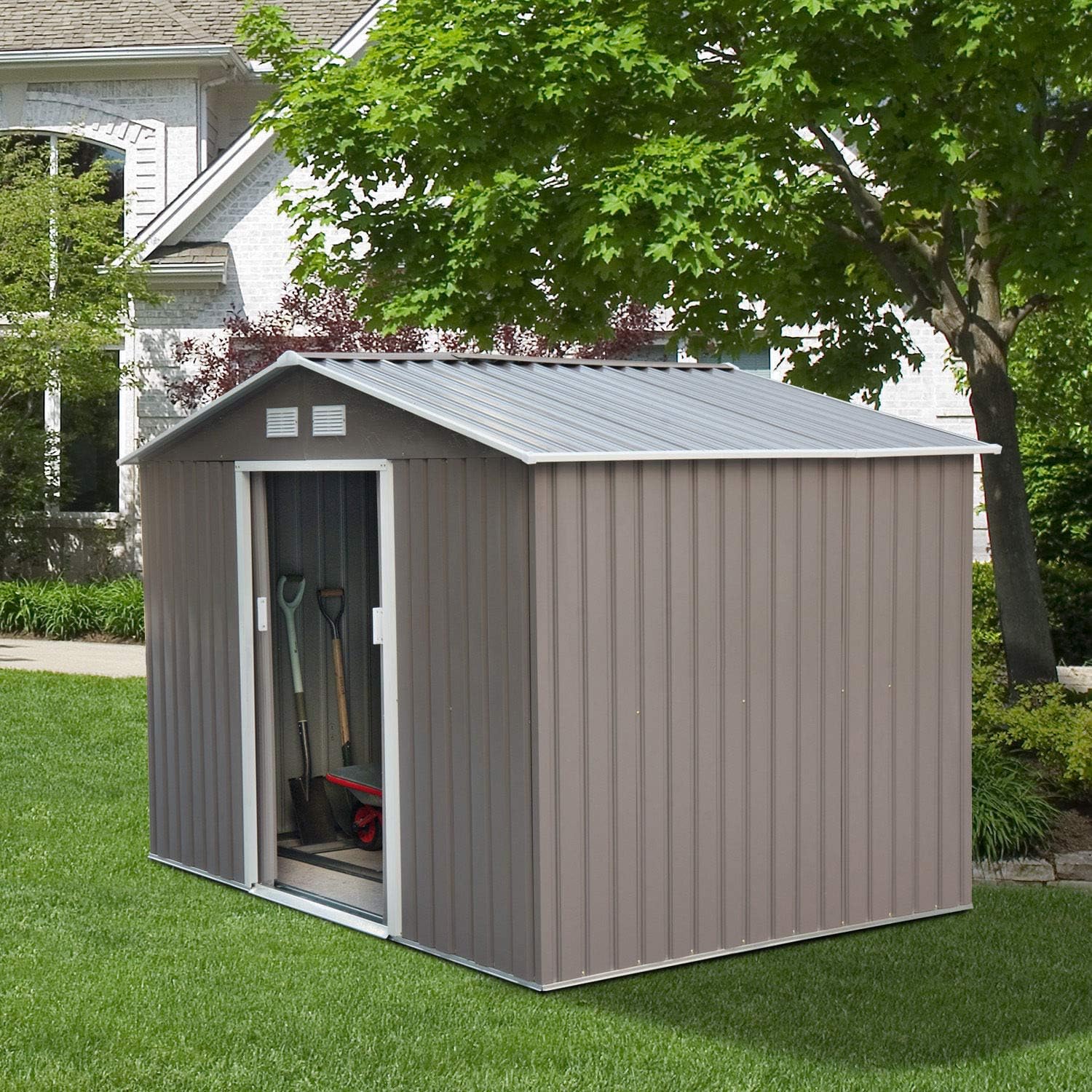 Grey Garage Metal Garden Storage Shed Steel Tool Utility House Backyard 9'x6'