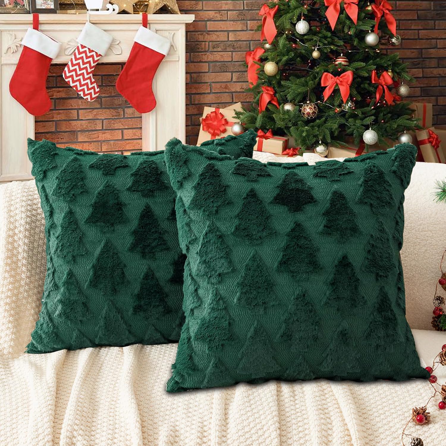 TOYPOPOR Christmas Pillow Covers 45CM x 45CM Set of 2, Soft Faux Rabbit Fur 3D Embroidery Christmas Tree Throw Pillow Covers For Holiday Christmas Decor Sofa, Couch, Invisible Zipper, Skin-Friendly