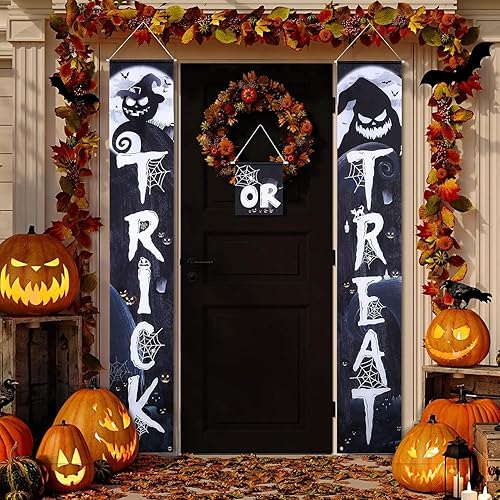 3Pcs Halloween Trick or Treat Signs - Halloween Welcome Banner for Porch, Gate, Garden, Door or Party Decor