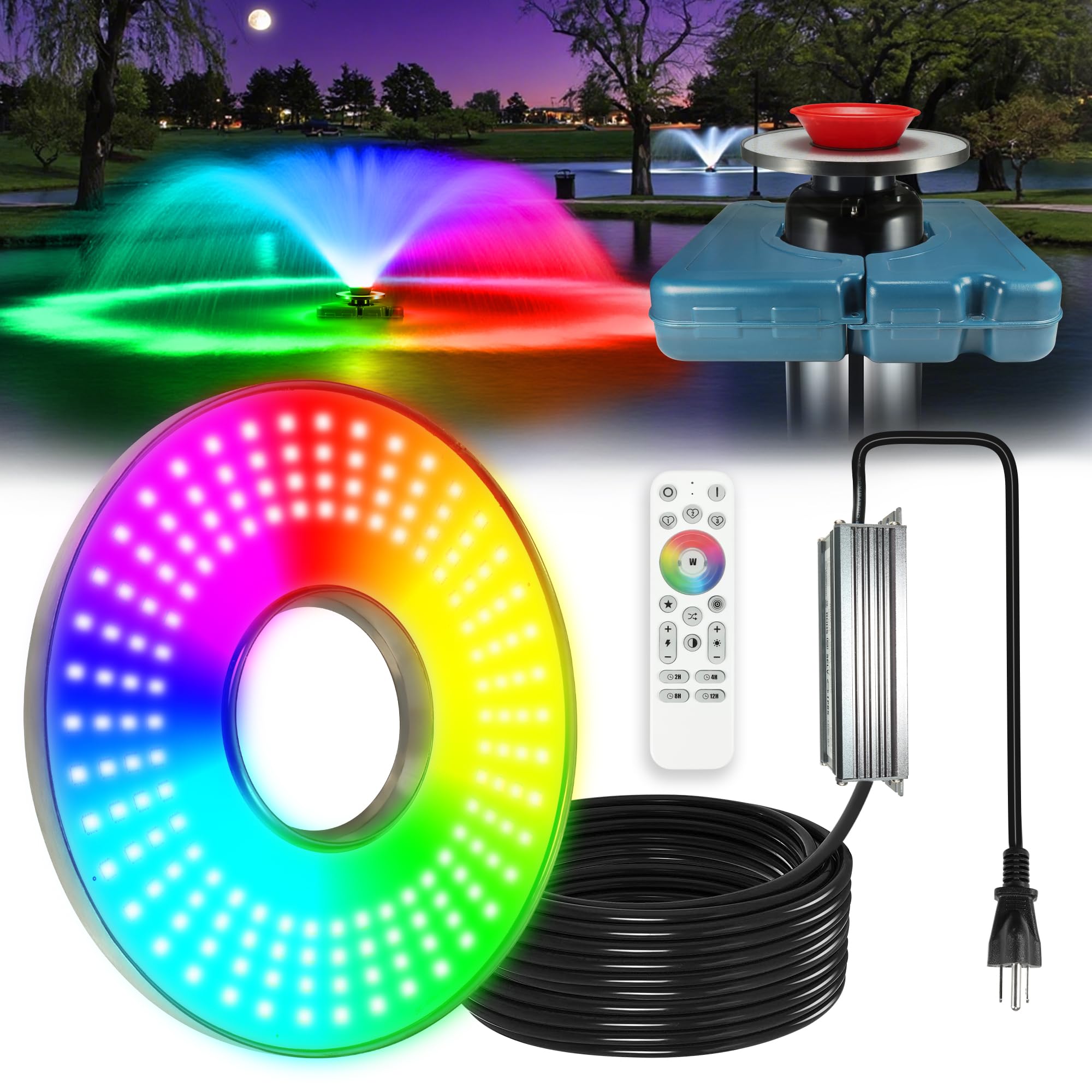 Photo 1 of Goldlife Pond Fountain Aerator Lights, 200W RGBW 20000LM 160LED Fountain Light With 100FT Power Cord, IP68 Waterproof Stainless Steel Wireless Sync Control Floating Fountains Pump Light for Lake Ponds