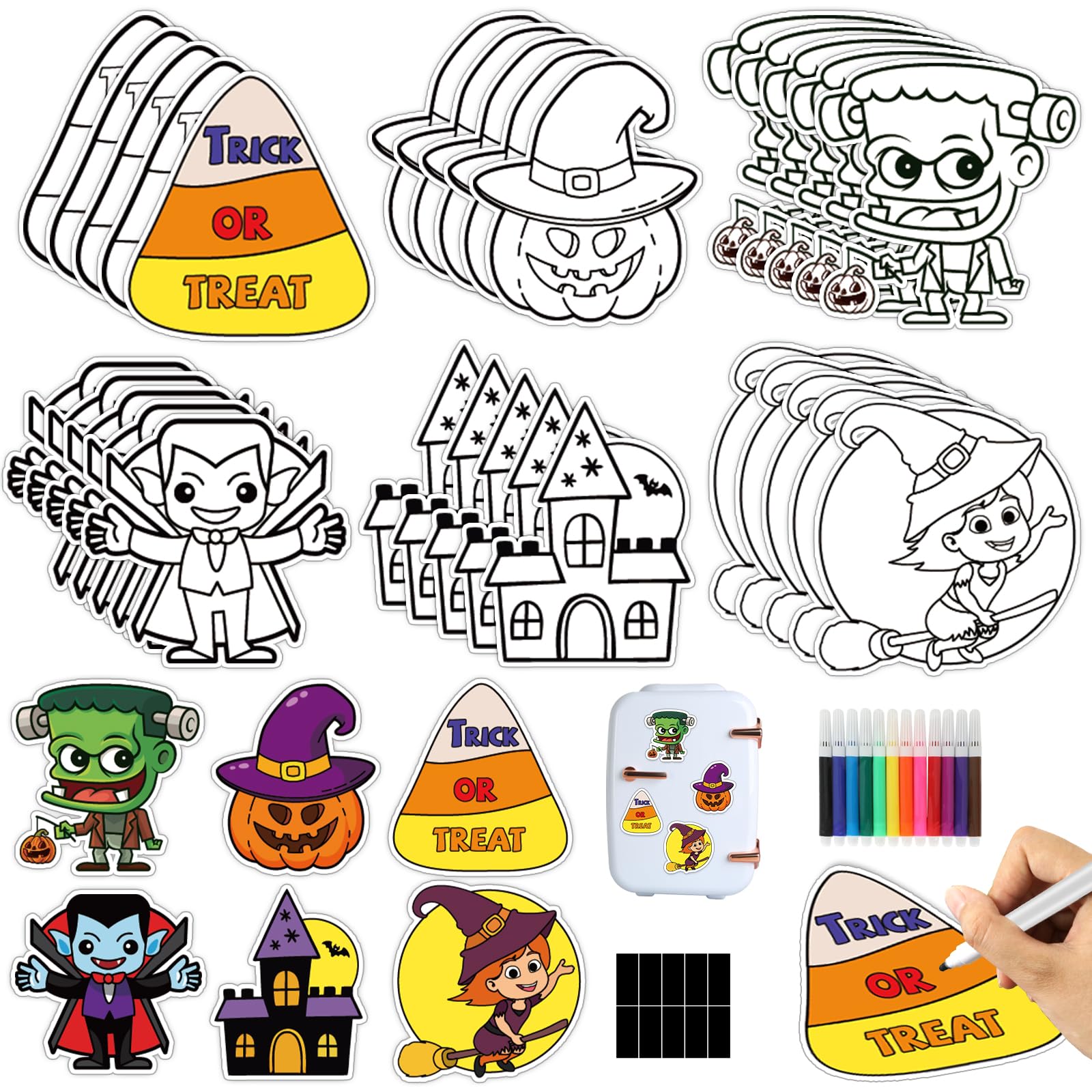 Photo 1 of 30 Sets Halloween Arts Crafts Coloring Magnets Kits for Fridge Kids Color Your Own Vampire Witch Castle Pumpkin DIY Magnetic Fall Crafts for Halloween Party Decorations Classroom Home Activities Games