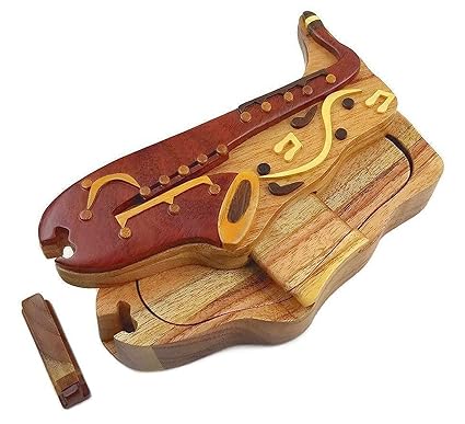 Saxophone with Musical Notes All Natural Exotic Woods Puzzle Box, 7 x 3.5 x 2 with Sliding Wooden Magnetic Key Lock, Sliding Cover and Inner Lid to Hidden Compartment. Hand-Made Wood Onlay Design