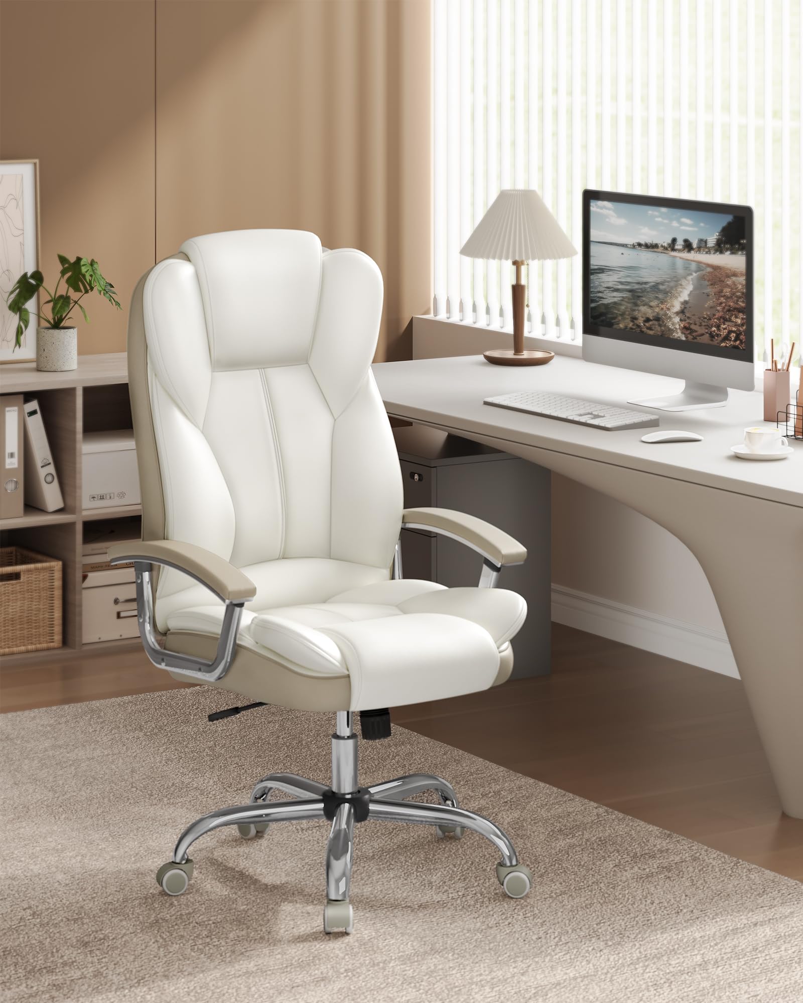 SONGMICS Bürostuhl, Schreibtischstuhl, Gaming-Stuhl mit Armlehnen, Computerstuhl, Chefsessel, höhenverstellbar, Homeoffice, Arbeitszimmer, cremeweiß-kamellbraun OBG057W01 2