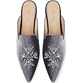 SINSIYONG Embroidered Mules for Women Pointed Toe Bejeweled Backless Velvet Flats Slides with Cruciate Flower Pattern