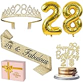 28th Birthday Decorations for Women Gold with Tiara, Sash, Cake Topper, Candles, Balloons, 28th Birthday Gifts for Women