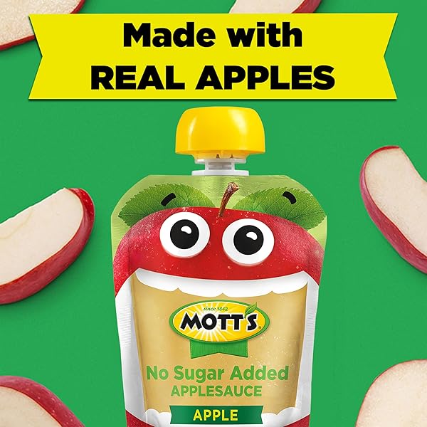 MOTT’S NO SUGAR ADDED APPLESAUCE, MADE FROM REAL FRUIT, NO ARTIFICIAL FLAVORS, 3.2 OZ CLEAR POUCHES, 20 PACK