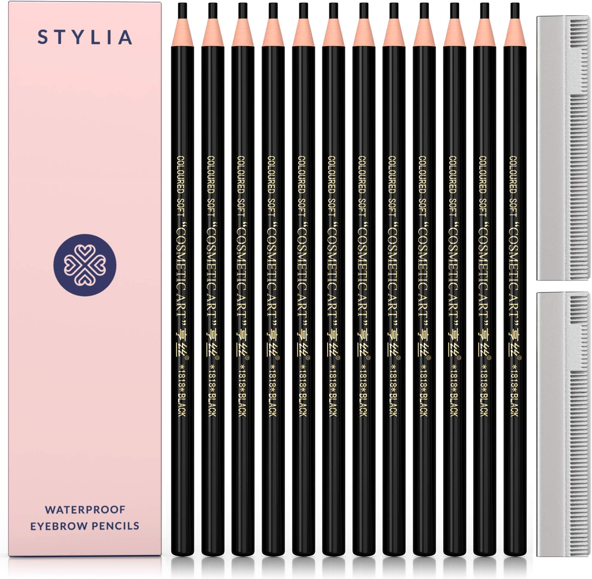 Waterproof Eyebrow Pencils Peel Off - 12 Piece Black Brow Pencil Set For Marking, Filling And Outlining, Tattoo Makeup And Microblading Supplies Kit-Permanent Eye Brow Liners